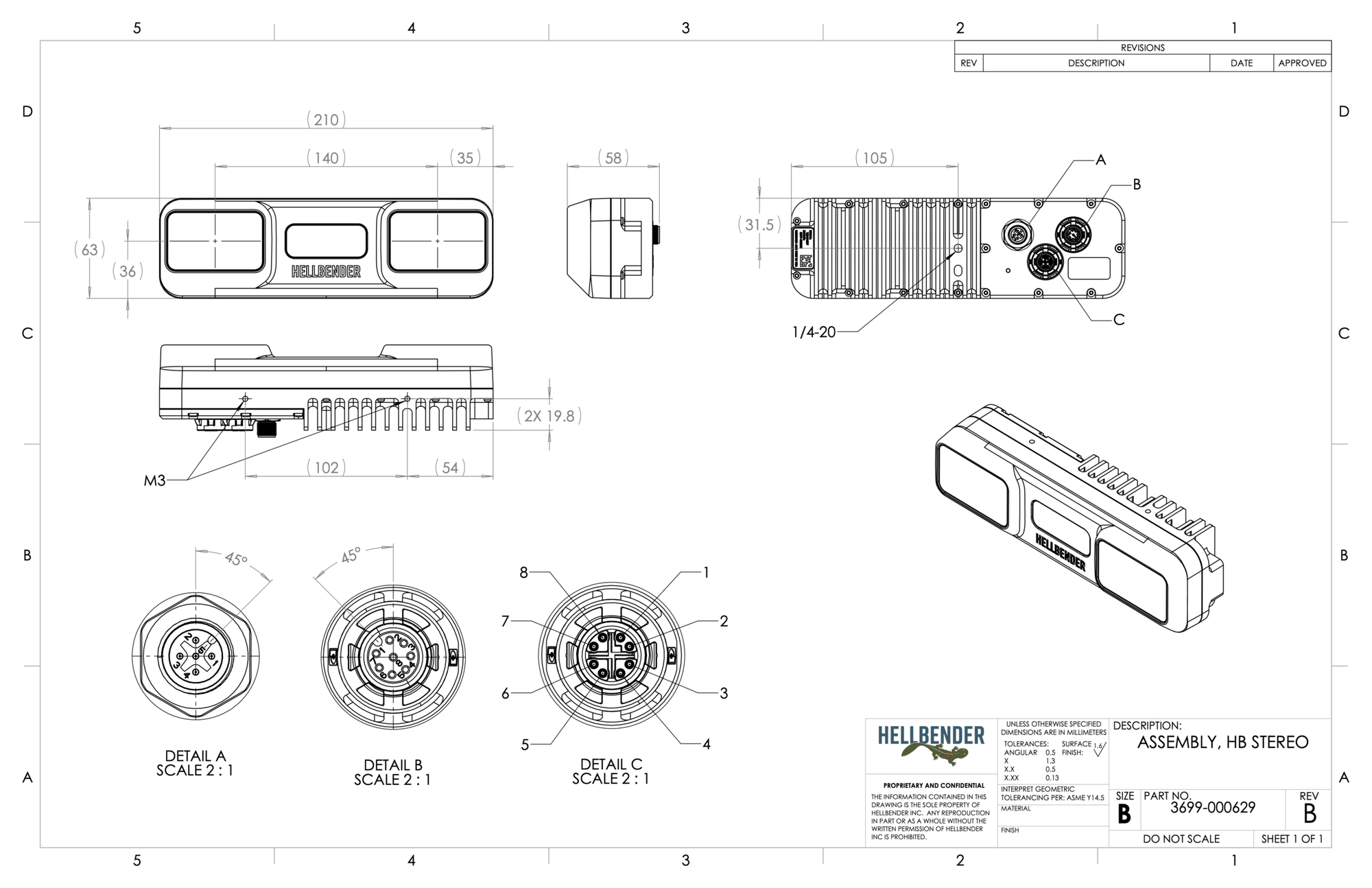 stereo camera dimensioned drawing scaled